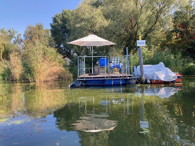 Blick vom See zum Bootssteg